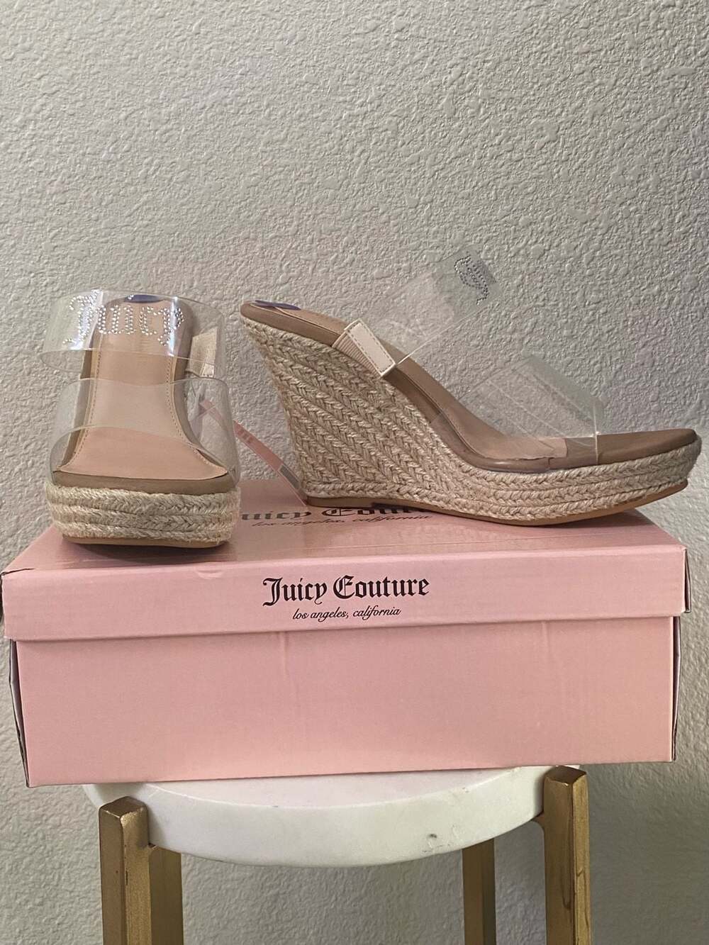 Juicy Couture Clear Strap Espadrille Wedge Sandals Size 8.5 Nude